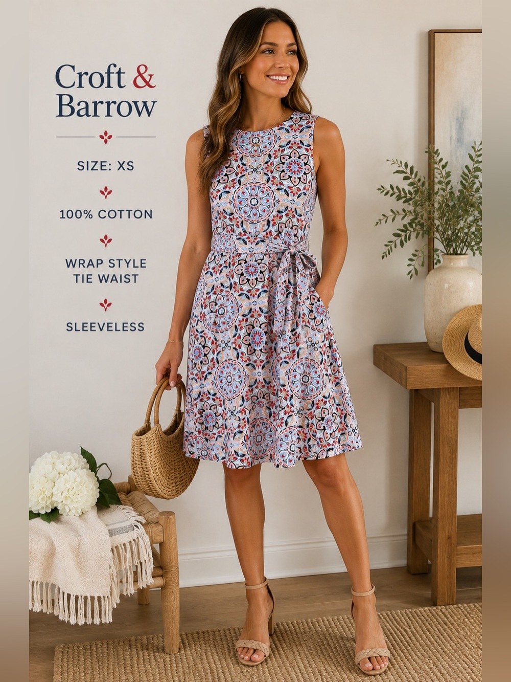 Croft & Barrow Dress XS Cotton Floral Medallion Wrap Tie Waist Sleeveless